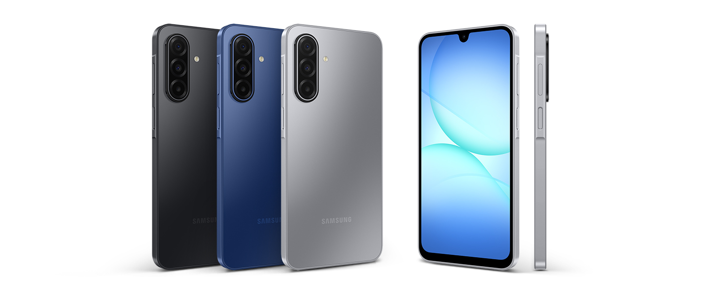 Samsung Galaxy A17 5G eri väreissä, edestä, takaa ja sivulta.