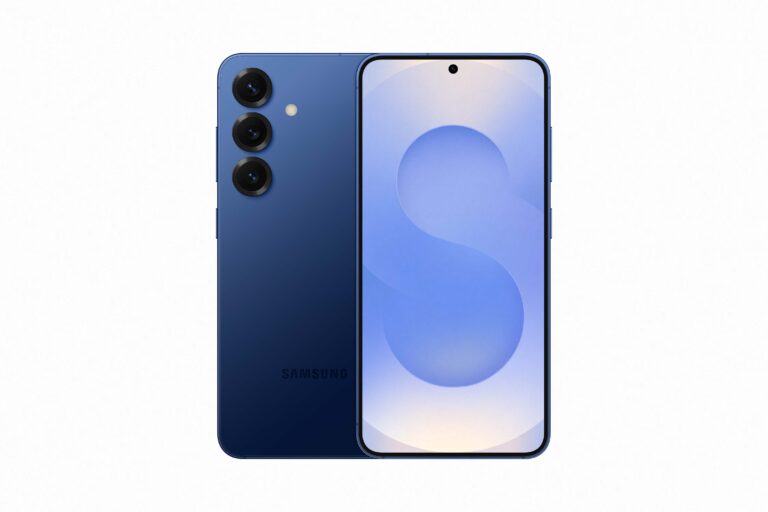 Samsung Galaxy S25, tummansininen, edestä ja takaa.
